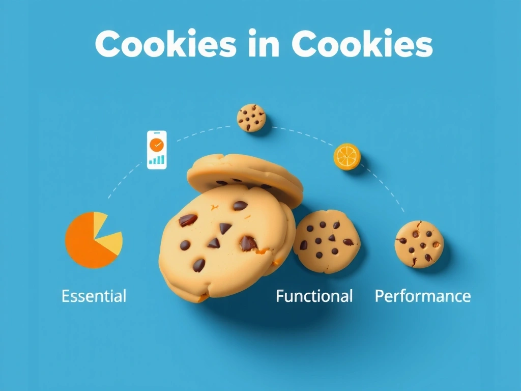 Different types of cookies with labels showing essential, analytics, functional and performance categories